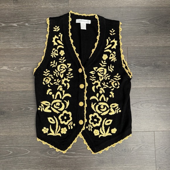 Arriviste Jackets & Blazers - Arriviste‎ Black Gold Embroidered Sweater Vest M 90s Vtg Boho Coquette Folk Art